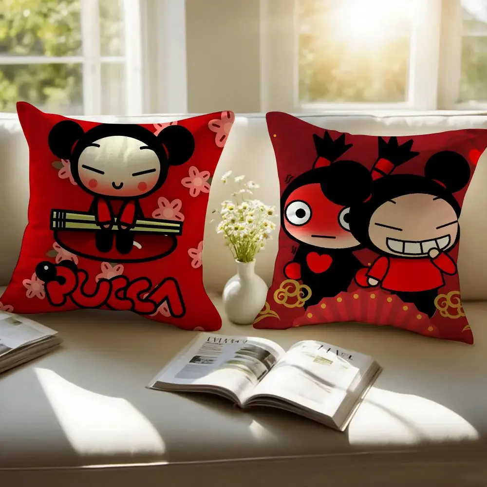 Cute Animation P-Pucca Cushion Cover Pillowcase Anti-dustmite Invisible Zipper Short Plush Sofa Cushion