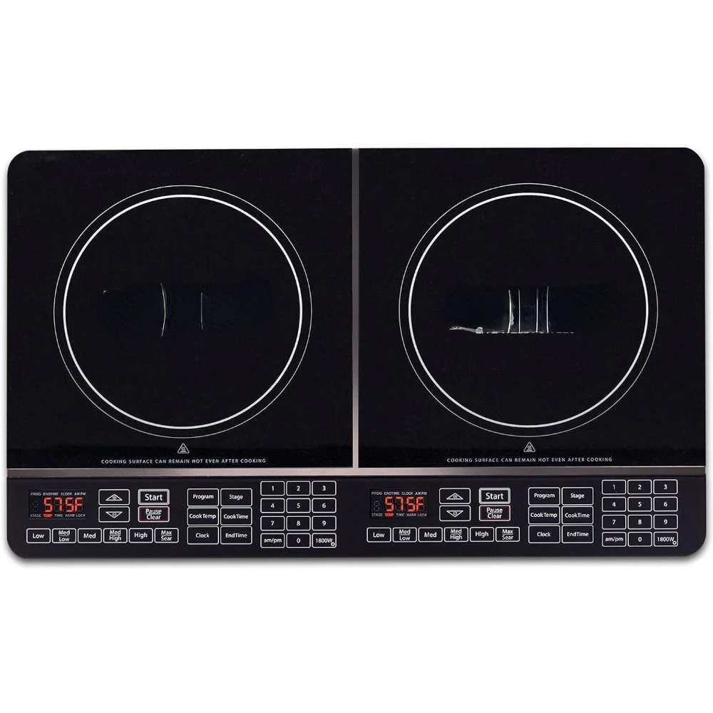 Double Induction Cooktop, 2 Large 8” Heating Coils, Independent Controls,  2 x 11.5” Shatter-Proof Ceramic Glass Surface