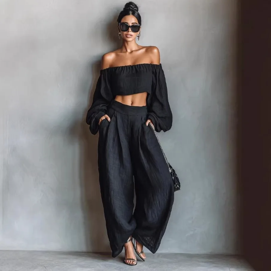 Two-piece Set Amazon 2026 European And American Cross-border New Elegant Casual Fashion Solid Color One-word Collar T-shirt Pant