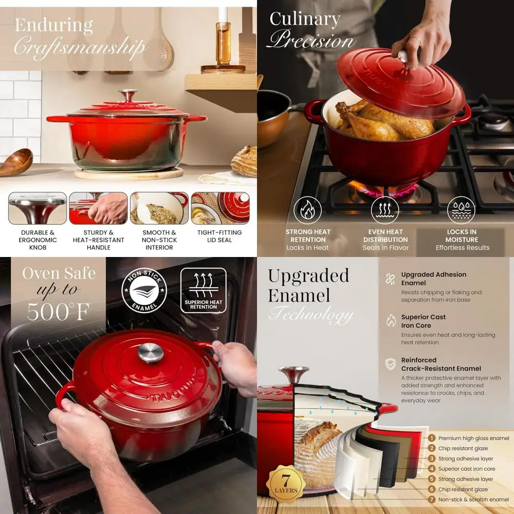 

6.4 Qt Non-Stick Enamelled Cast Iron Dutch Oven with Lid - Oven Safe for Baking, Braising, Stews, Roasting, 28cm Red