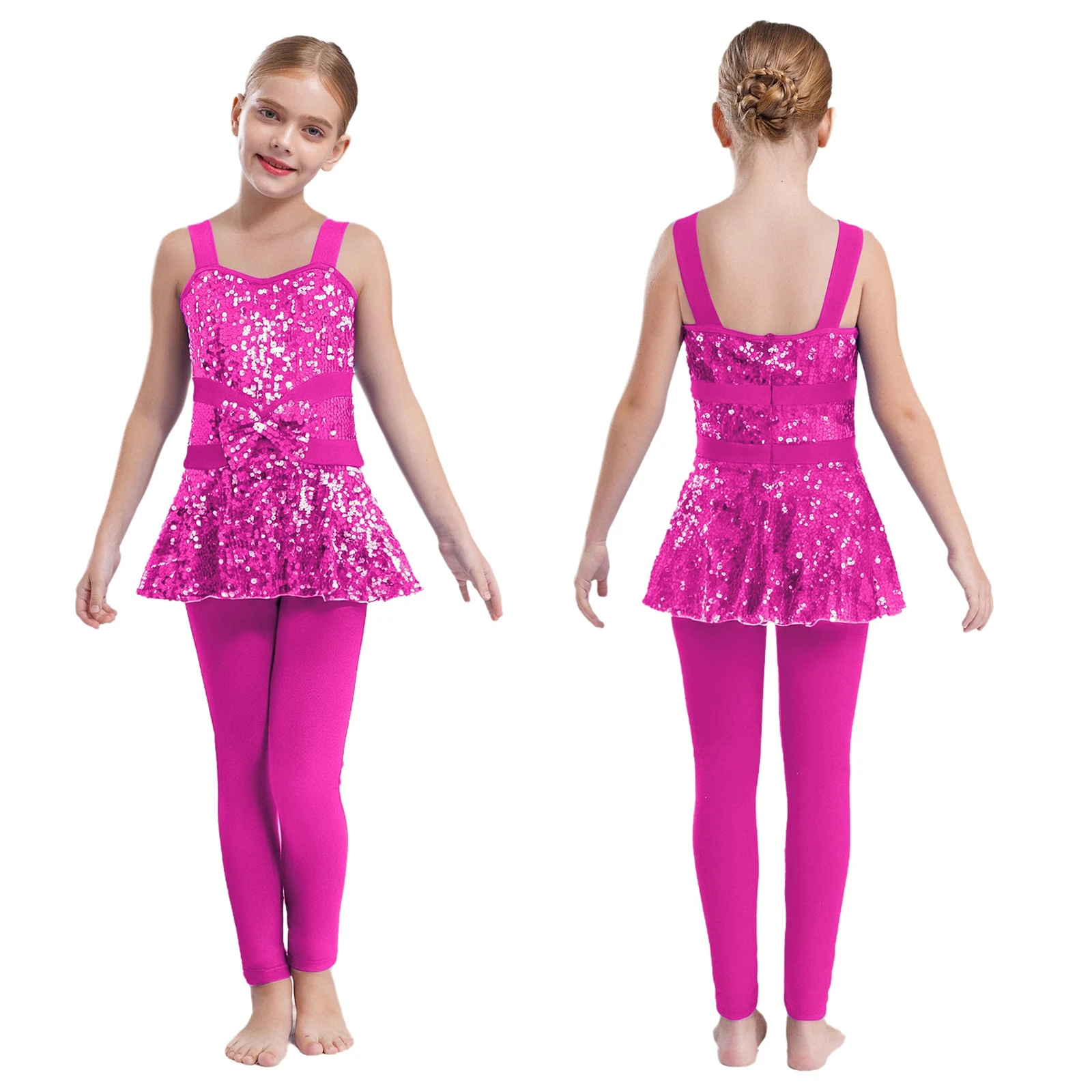 

Kids Girls Jazz Dance Jumpsuit Wide Shoulder Straps Sleeveless Shiny Sequins Peplum Rompers Ballroom Hip Hop Street Dancewear