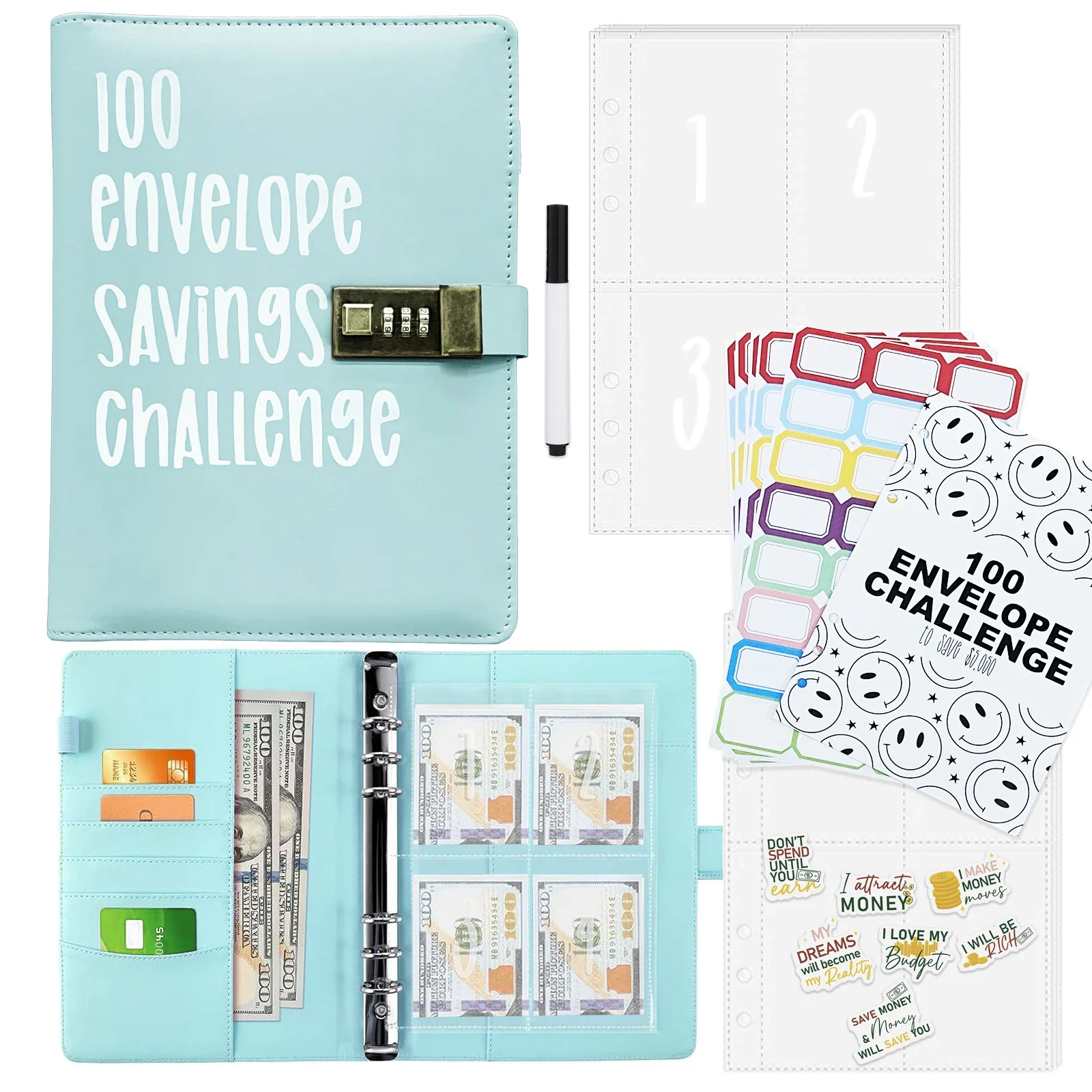 A5 Budget Binder with Password Lock, Easy and Fun Way to Save $5,050 100 Envelope Savings Challenge Cash Organizer