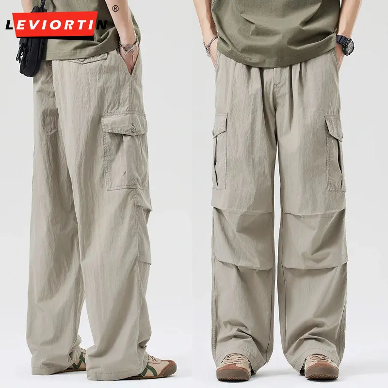 

Мужские плиссированные быстросохнущие брюки-карго в американском стиле, весна-лето, тонкие прямые повседневные брюки для активного отдыха и работы