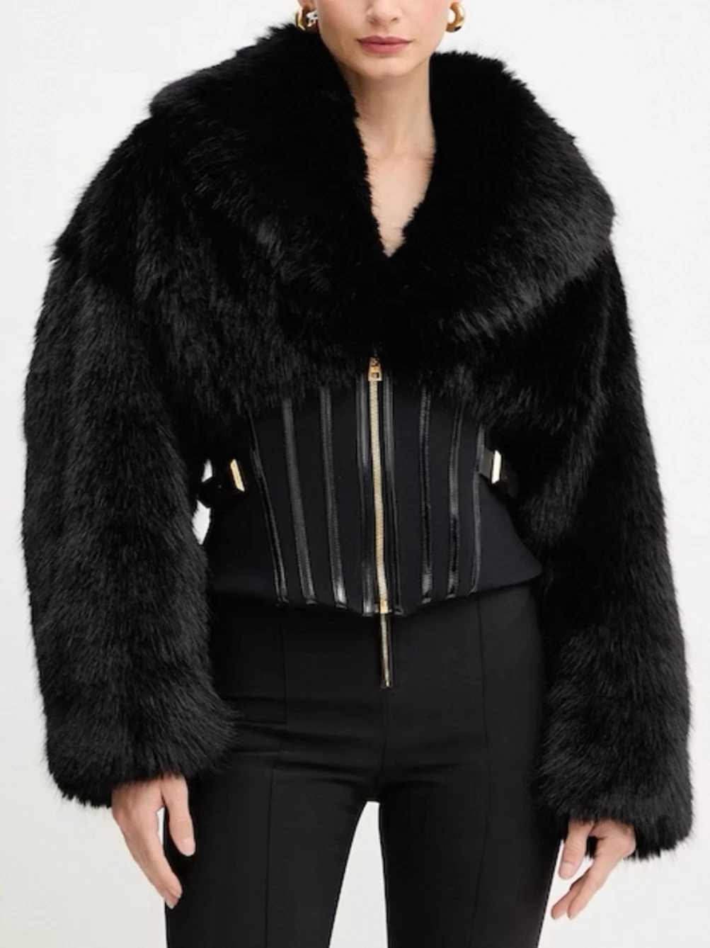 

2025 Autumn Winter Faux Fox Fur Large Fur Collar Zipper Short Fishbone Waist Jacket Thicken Warm Fashion Short Jackets for Women