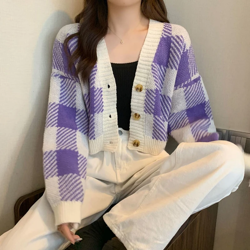 Pink Plaid Sweaters Cardigans Women 2023 Autumn Loose V Neck Knitted Coats Woman Chic Korean Style Long Sleeve Knitwear Cardigan