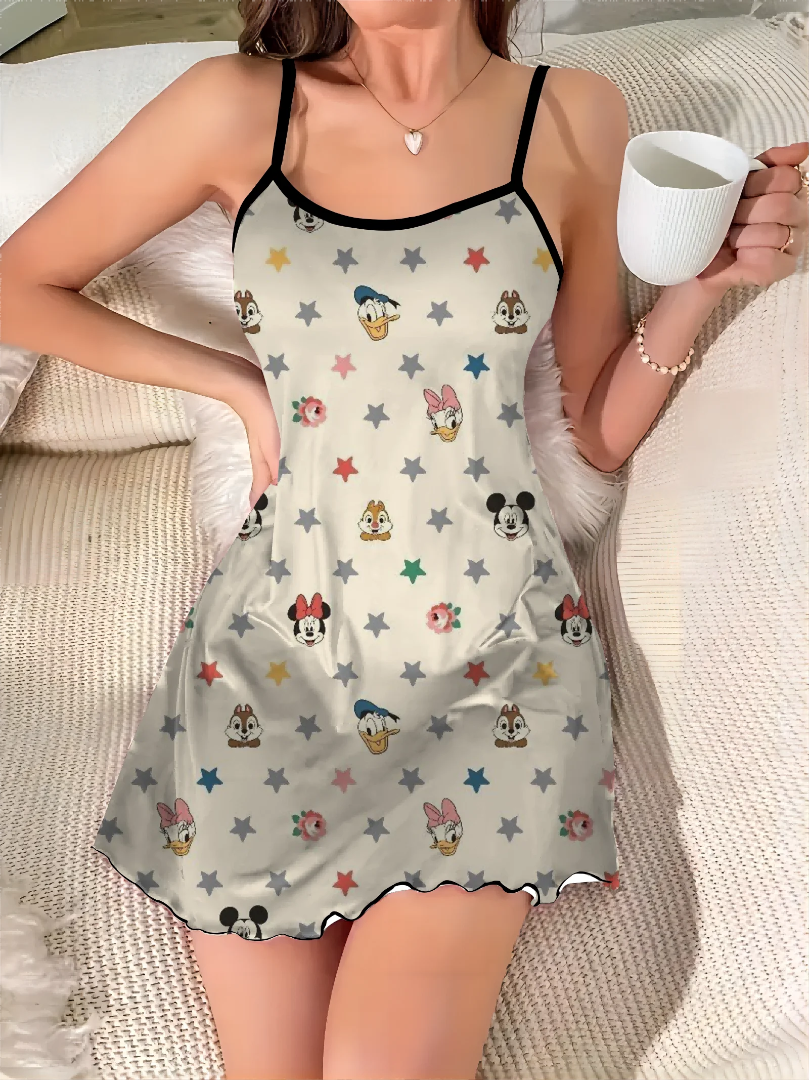 2024 Sexy Dress Pajama Skirt Lettuce Trim Satin Surface Minnie Mouse Crew Neck Elegant Dresses for Women Disney Fashion Summer