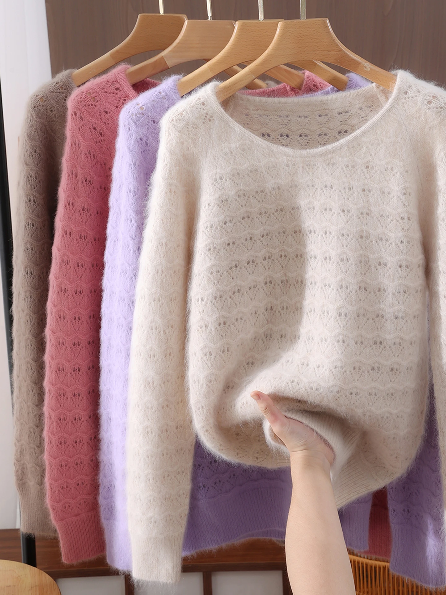 

Milk Cashmerm Thin Knit Sweater Auntumn Winter Clothes Woman 2025 New Design Sweater With Cutout Loose Top Round Neck Pullover