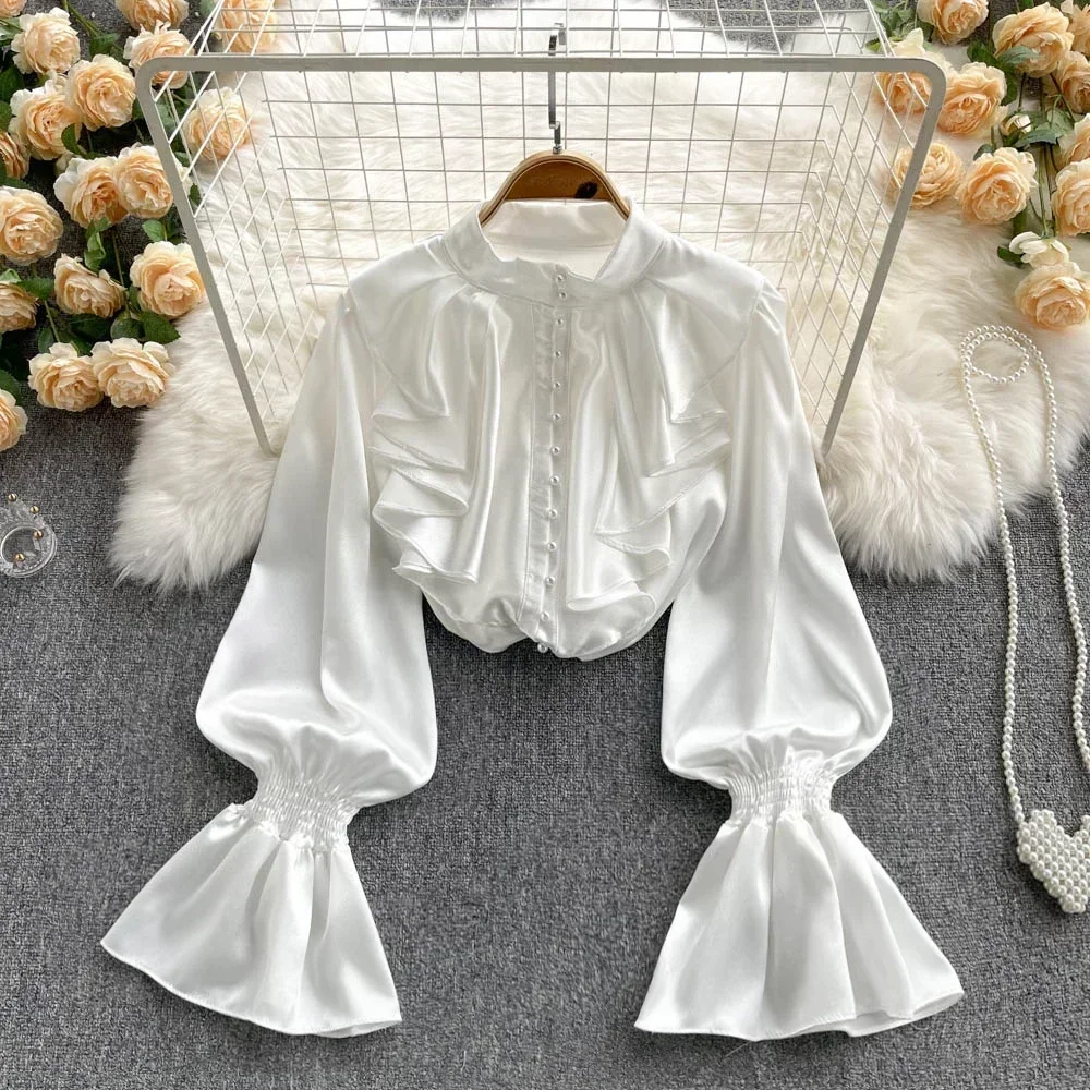 Fashion Korean White Blouse Women Blusas Stand Neck Chiffon Shirts Long Sleeve Ruffles Lace Blouses Vintage Elegant Femme Tops