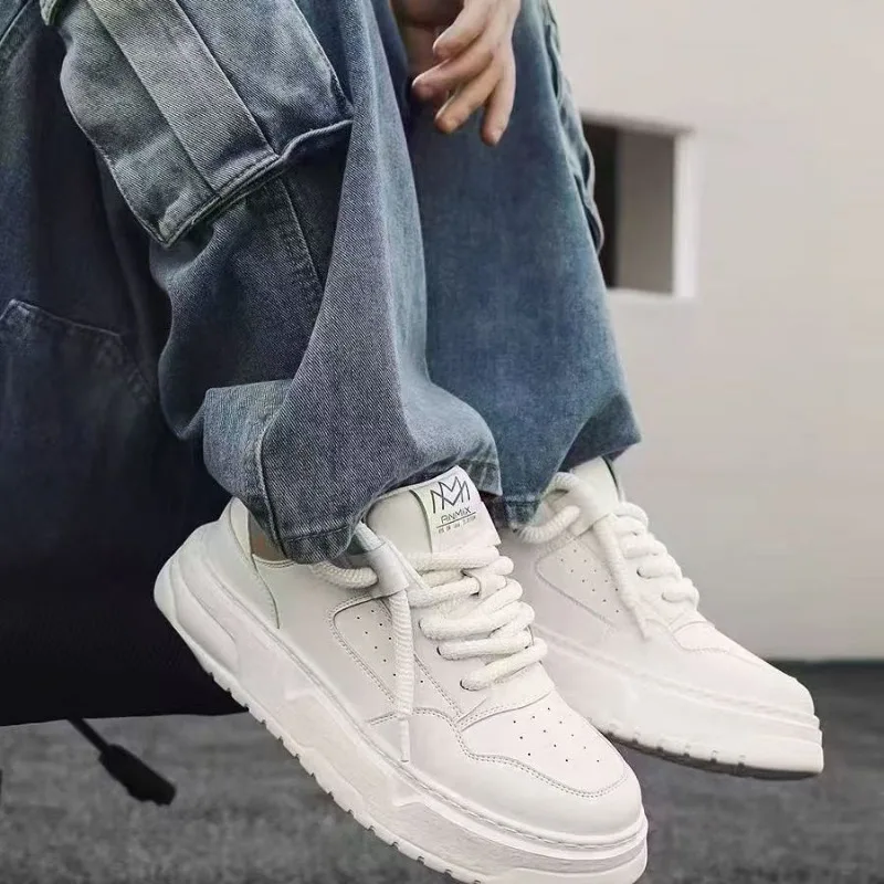 Men's Full Leather Platform Skate Shoes 2026 New Premium White Thick Sole Ins Trendy All Mat Casual Streetwear Footwear