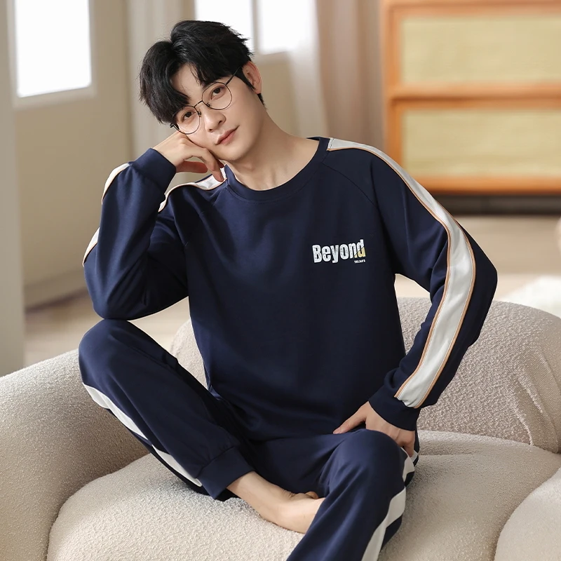 Spring and Autumn Cotton Long-sleeved Pajama Set O Neck Men's Loungewear Korean version can be worn outside pyjama homme coton