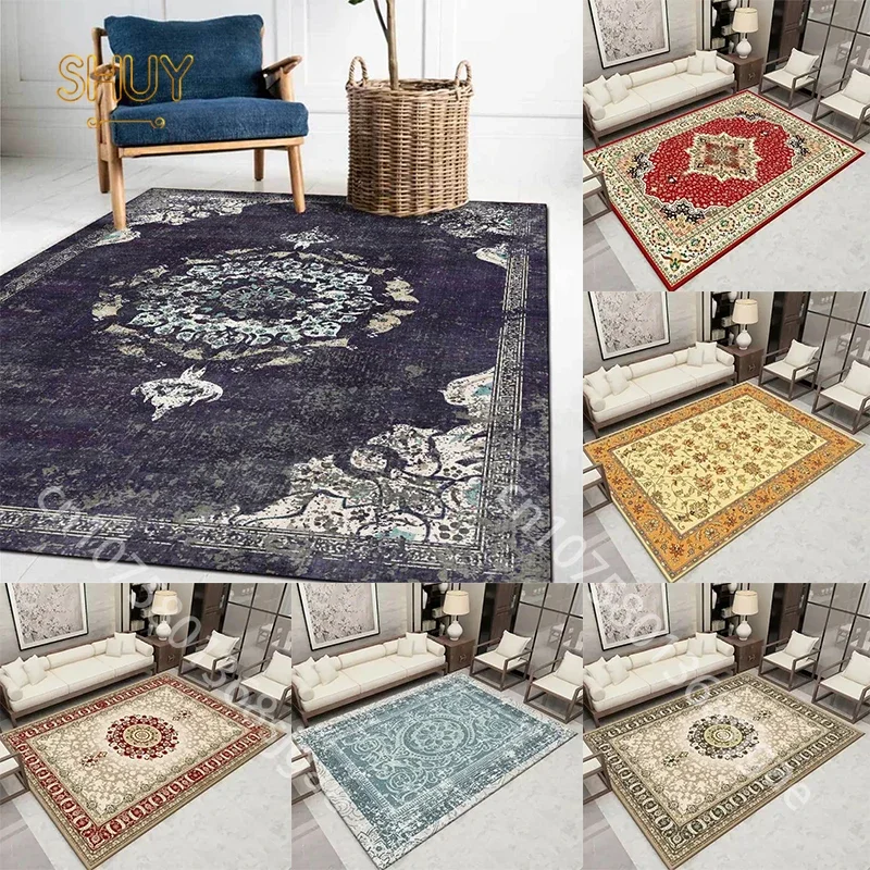 European Style Rug Floral Print Bedroom Bedside Area Rugs Retro Persian Geometric Art Decor Carpet Kitchen Non-Slip Floor Mats