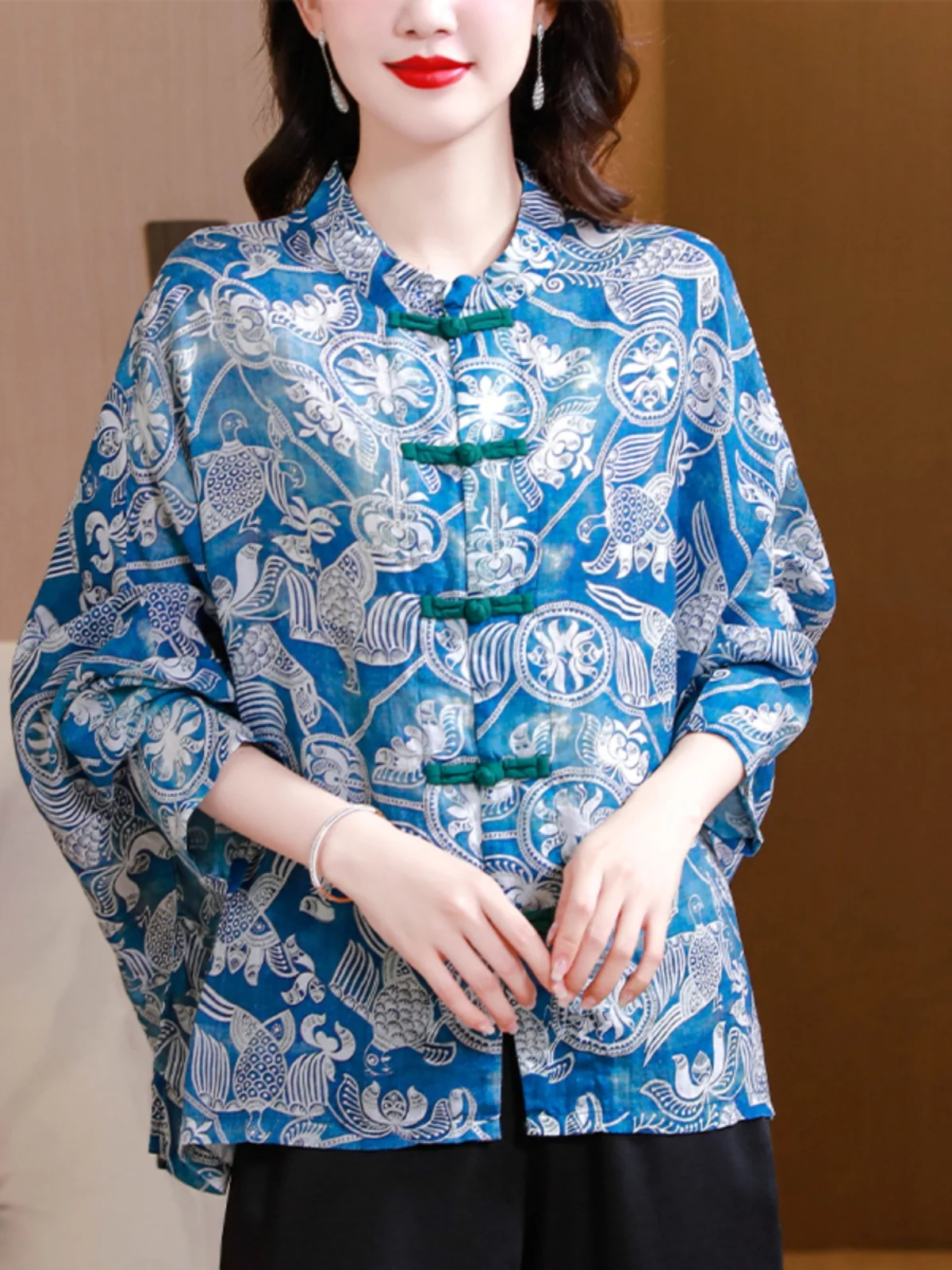 

Ранняя осень в стиле ретро, шелковый топ Batwing Sve irt, большой размер, женский модный утягивающий топ с воротником-стойкой, этнический топ