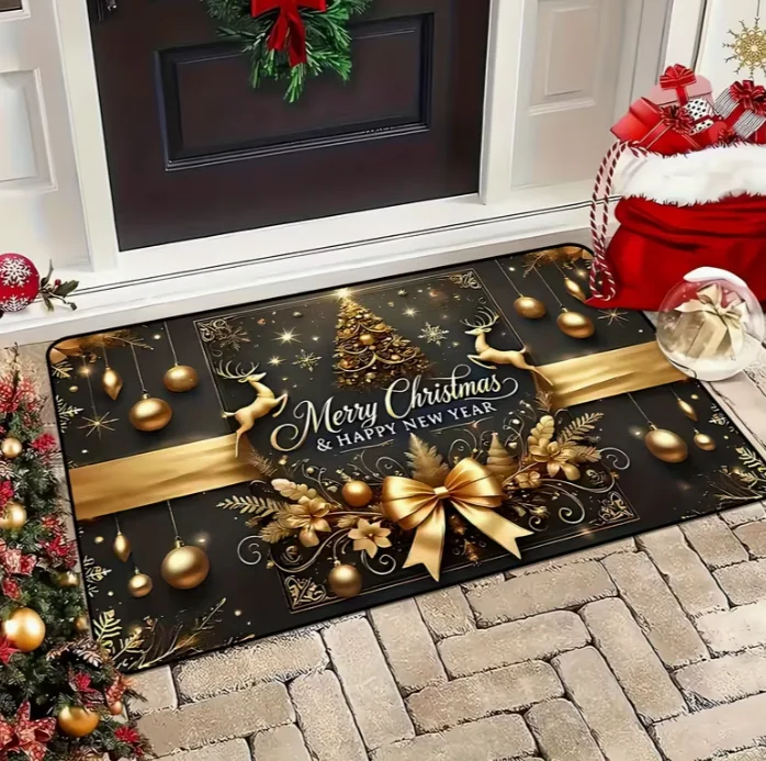 A Christmas-Themed Doormat in Black and Golden Featuring Reindeer and A Christmas Tree with Bells Carpets Home Decorati
