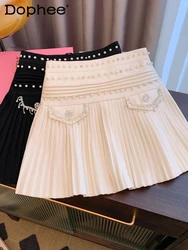 Heavy Industry Beads Woolen Pleated Skirts Women Autumn Winter High Waist Slimming A- Line Mini Skirt Korean Style White Skirt