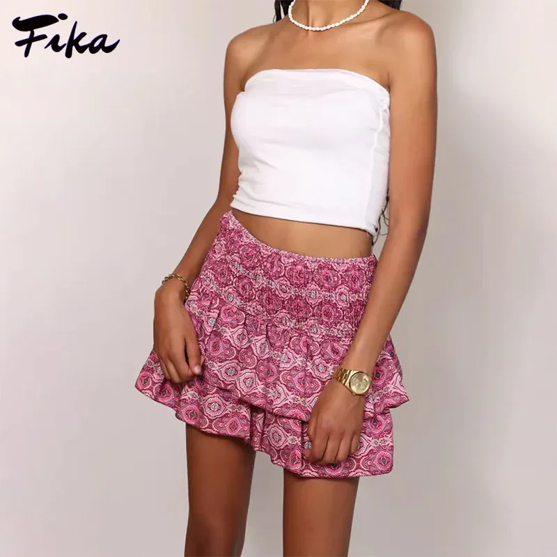 Women\'s High Waist Floral Printed Loose Ruffled A-line Mini Skirt Bohemian Short Skirt Y2K Streetwear 2023 New Summer Clothing