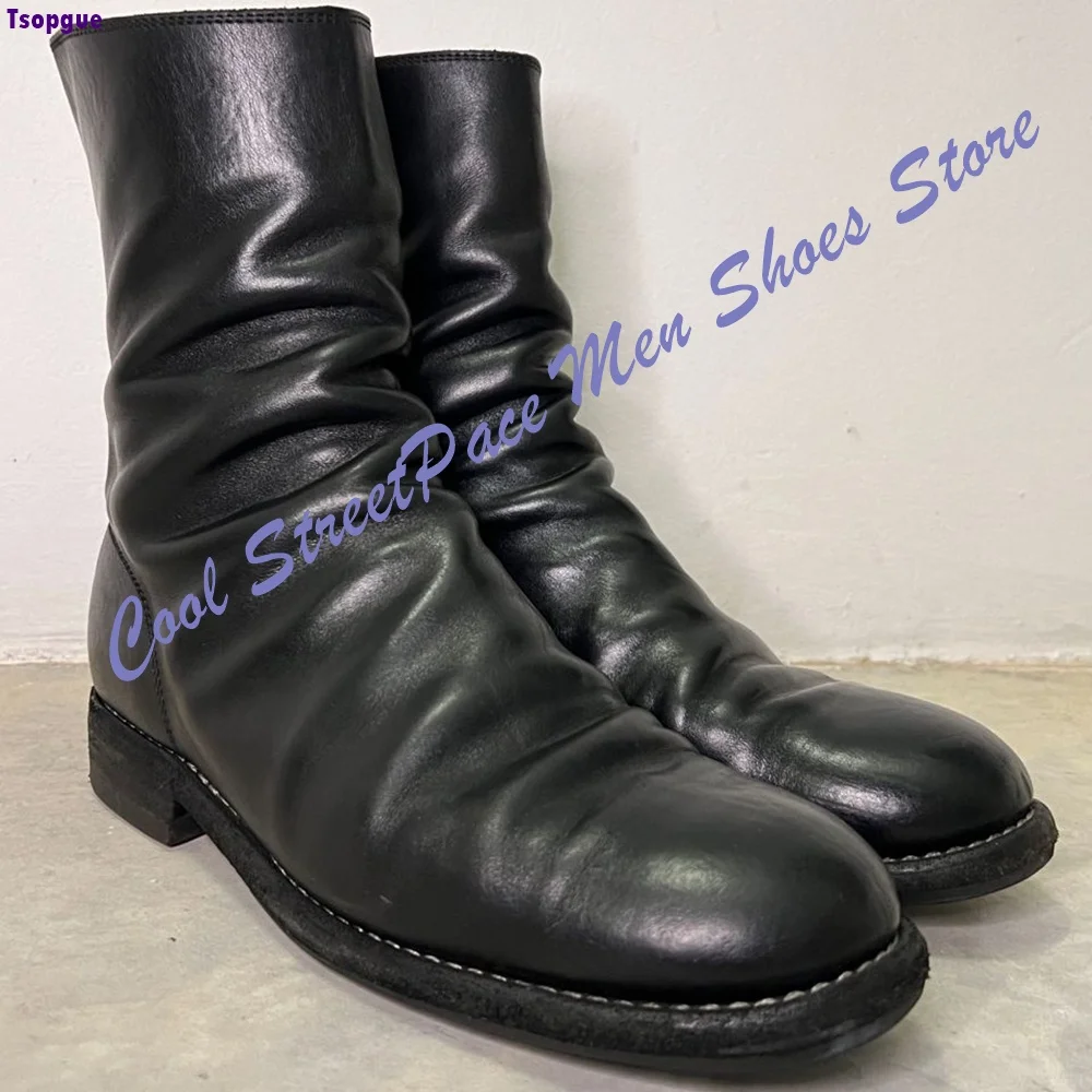 Men Vintage Gradient Distressed Mid Calf Boots Wrinkle Soft Shaft Low Square Block Heel 2026 Industrial Dark Street Men Shoes