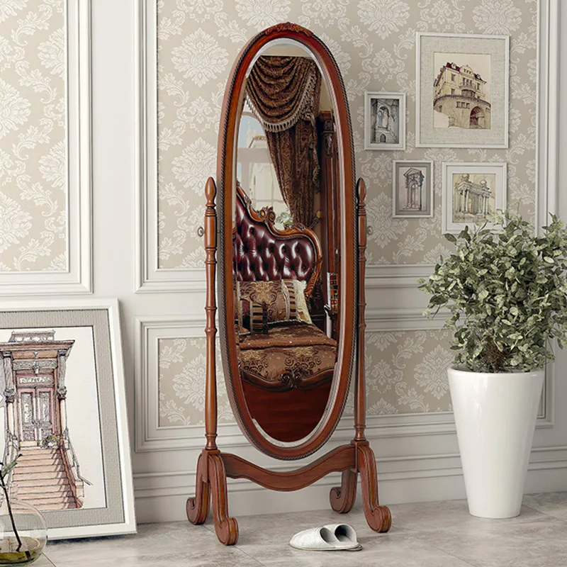 American solid wood dressing  full body girls bedroom home floor mirror European retro fitting mirror dressing mirror make
