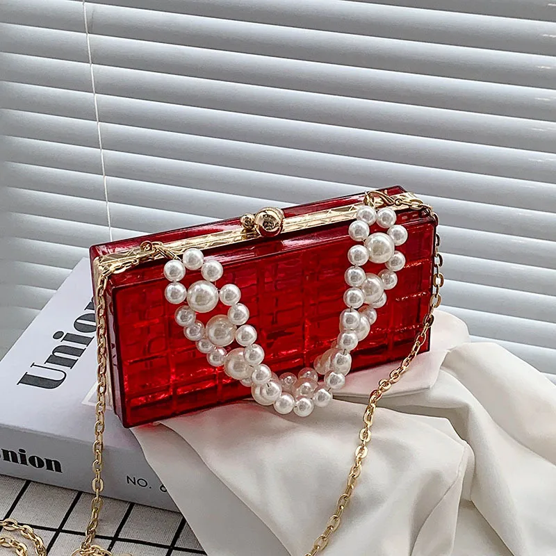 Acrylic Transparent Box Shape Crossbody Bag Elegant Pearl Bead Chain Design Shoulder Bag Pvc Women\'s Designer Small Square Bag