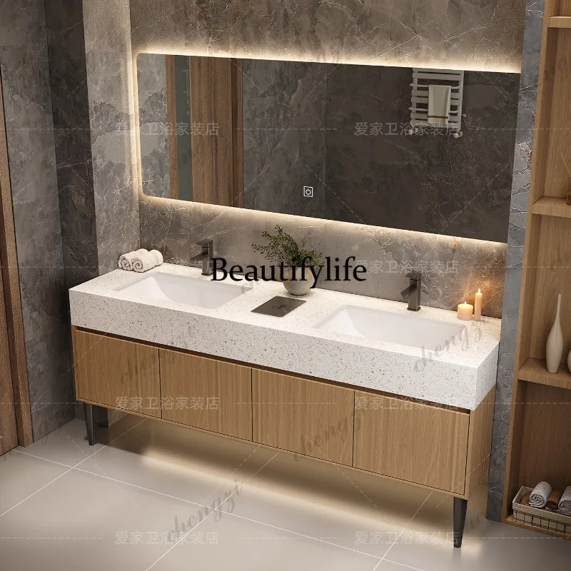 Log wind quartz stone double basin bathroom cabinet integrated basin toilet floor-to-ceiling washbasin cabinet public washbasin