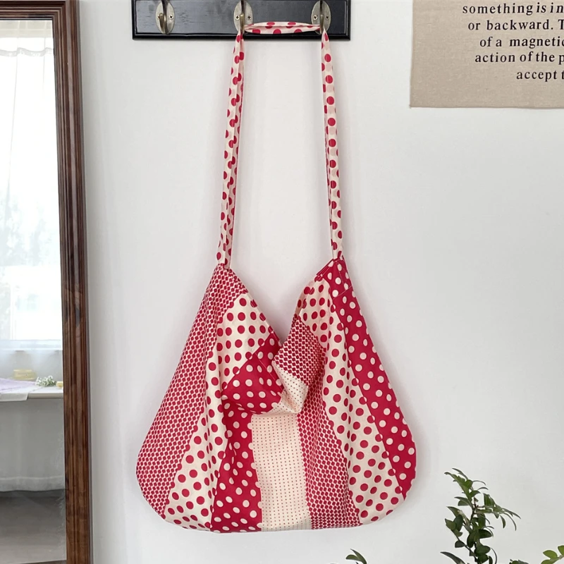 Polka Dot Women\'s Canvas Shoulder Bag Eco Portable Female Thin Cloth Tote Shopping Bags Retro Design Ladies Travel Handbags