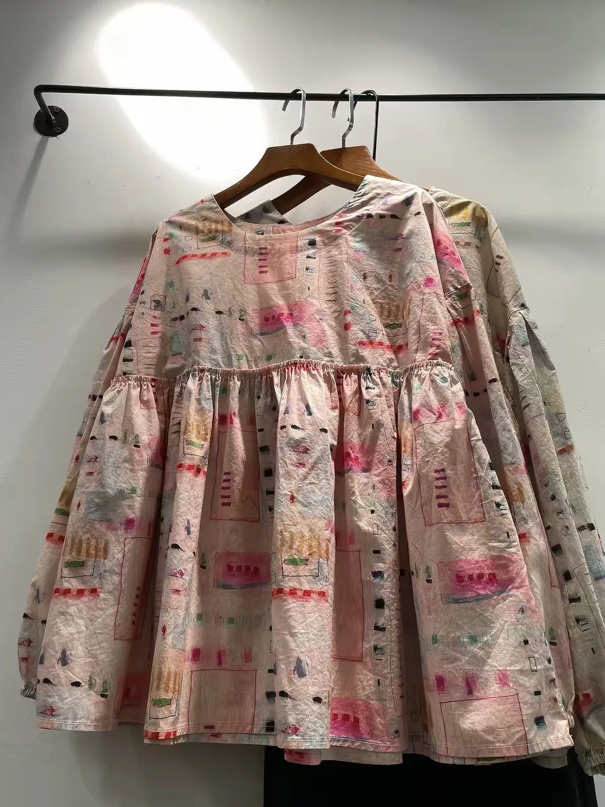 Bust 128cm Women Abstract Art Print 100% Cotton Blouse Mori Girl Autumn Round Neck Long Sleeve Loose Babydoll Swing Top