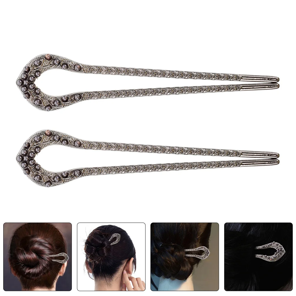 

2 шт., заколка для волос в форме сплава с имитацией жемчуга, аксессуары в китайском стиле для булочек, декоративные палочки, винтажные U-образные вилки