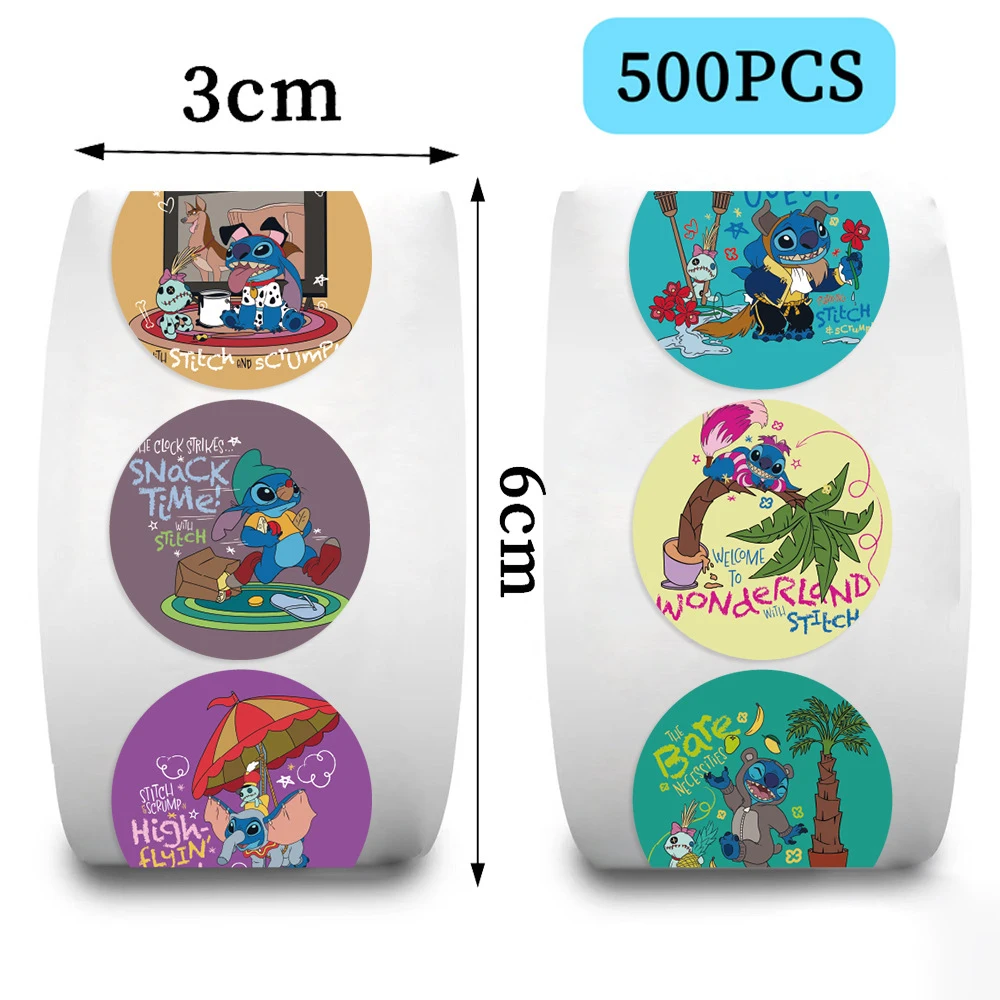 500 uds/rollo de pegatinas de punto de Disney para niños, calcomanía de Anime, monopatín, portátil, película de dibujos animados Kawaii, pegatinas de recompensa para niños, regalo