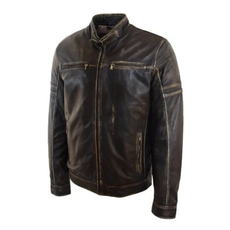 Men's Lambskin Leather Distressed Jacket Black Cafe Racer Retro Biker Jacket