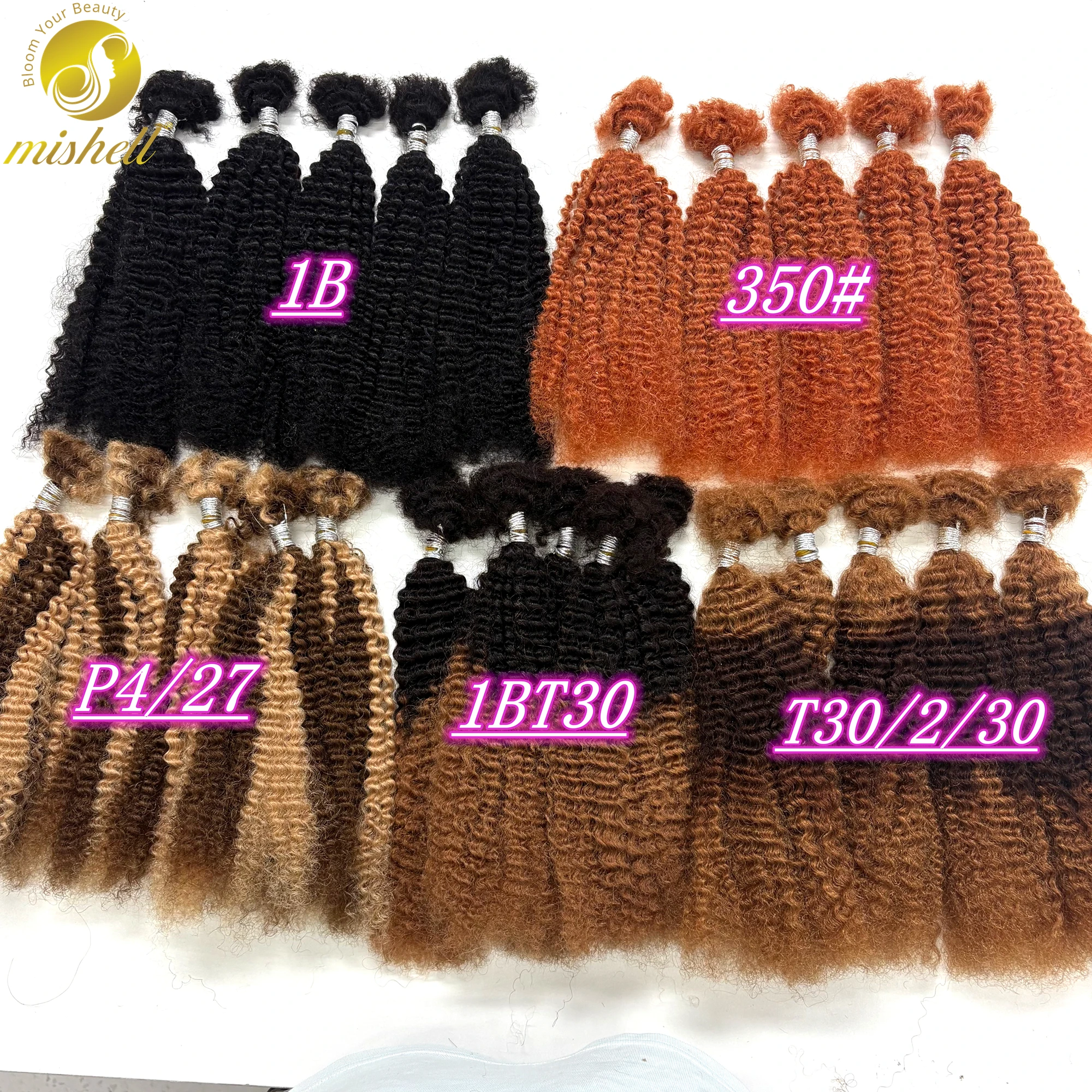 16inch 30g/Pack Colored Afro Kinky Curly Human Hair Bulk Extensions No Weft for Permanent Micro Locs/Twists/Braids/Repair Locs