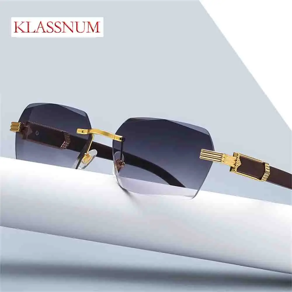 

KLASSNUM Luxury Wooden Rimless Square Sunglasses Man Brand Designer Gradient Punk SunGlasses Woman Fashion Vintage Oculos De Sol