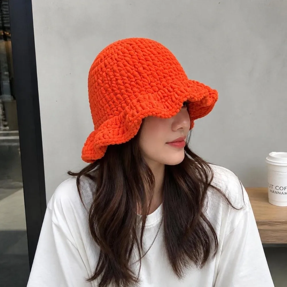 Fashion Sweet Ruffled Edge Fisherman Hat Cable Knit Wavy-Brimmed Knitted Beanie Handcrafted Thick Winter Warm Bucket Hat Cycling