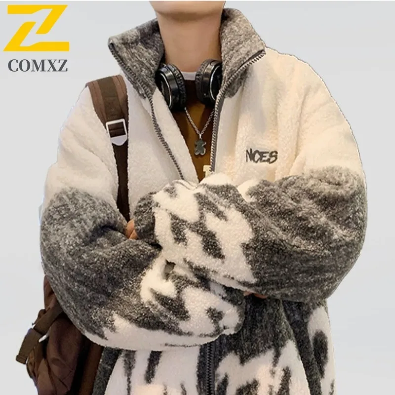

COMXZ 2025 New Men White Duck Down Jacket Winter American-Style Thickened Warm Stand Collar Lamb Wool Lined Oversized Streetwear
