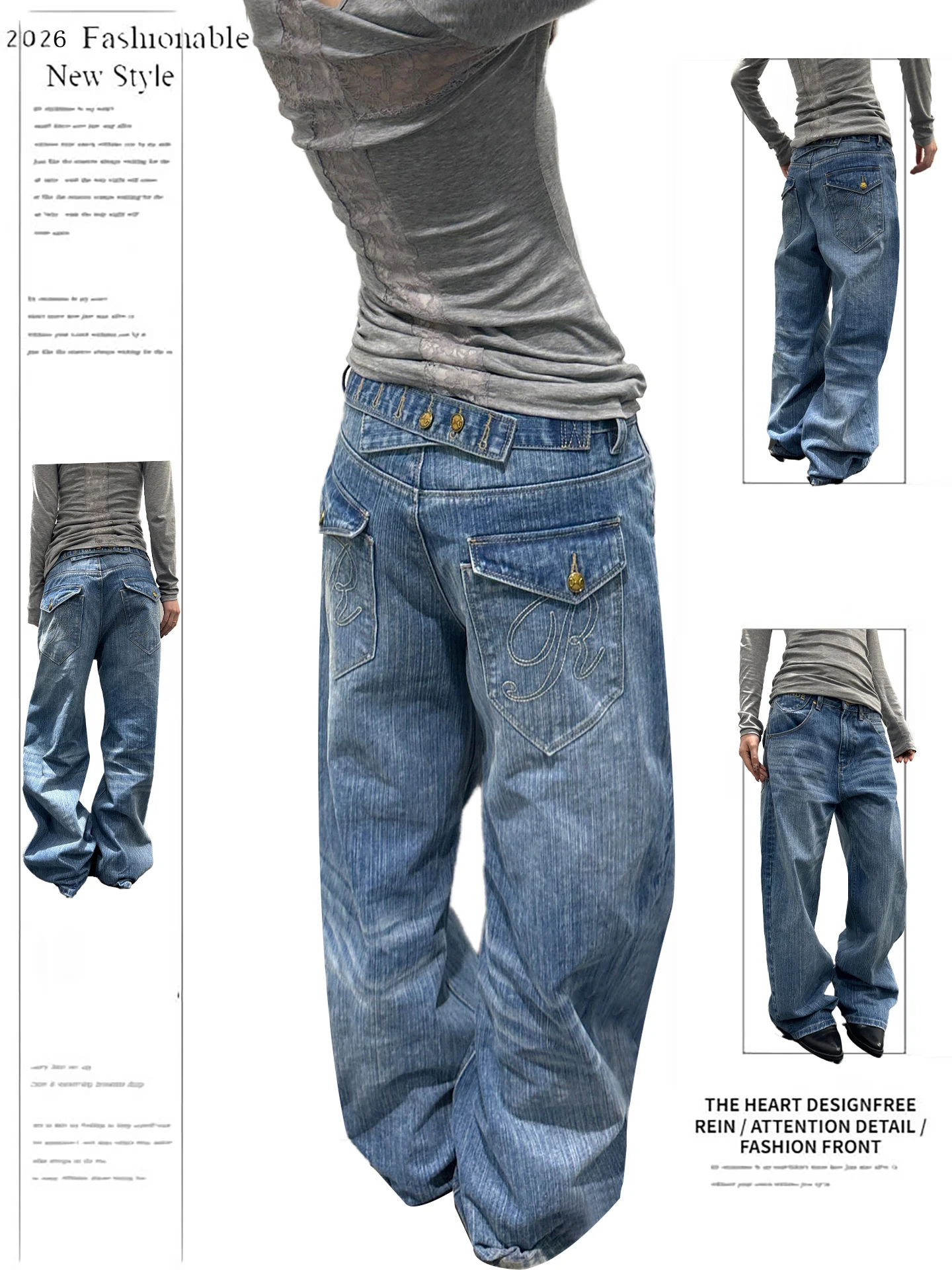 

Retro American Sle Bamboo Node Denim Pants Women's Loose Casual Waed Straight Leg Wide Leg Long Trousers Spring Season