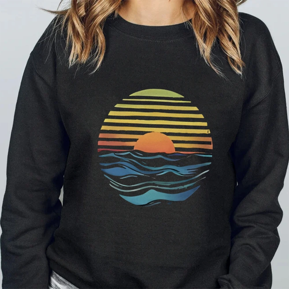 サンセットウェーブスウェットシャツ海岸グラフィックデザイントレンディな秋冬カジュアルルーズ長袖リラックス快適な布トップス