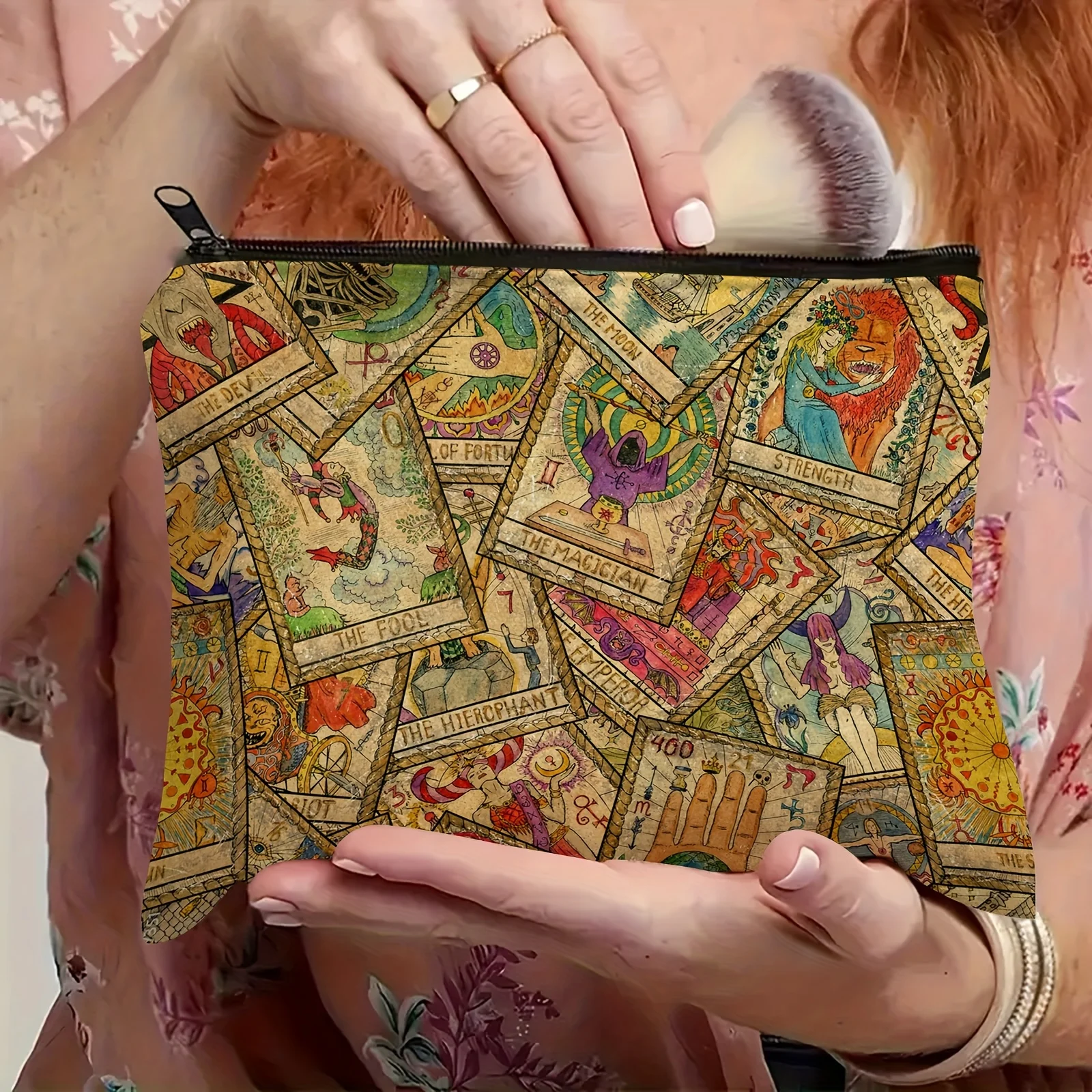 Tarot Card Design Makeup Bag with T-Bottom Closure - Vibrant Astrological Symbols & Occult Art, Gift for Tarot Readers