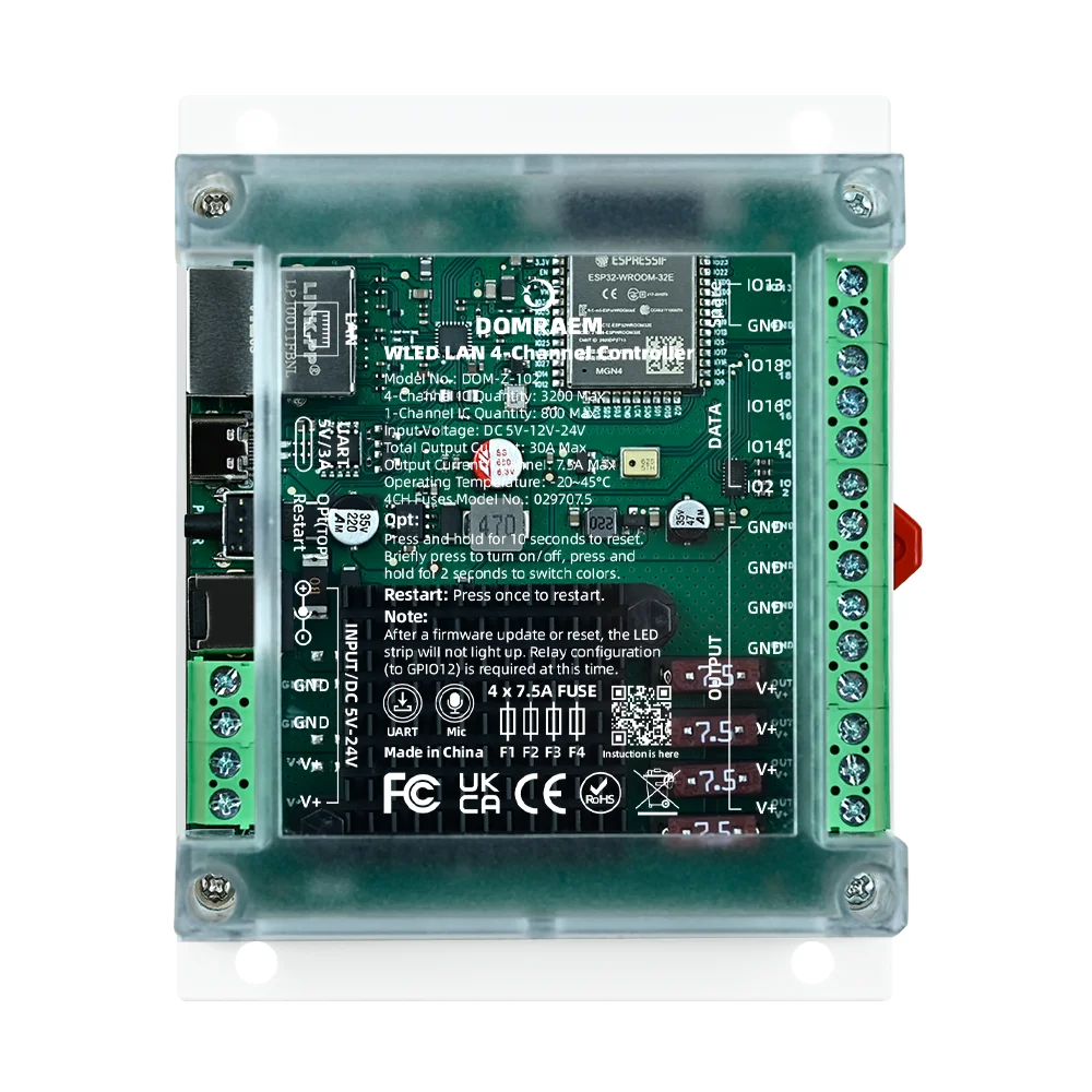 DOMRAEM WLED ESP32 Ethernet Digital LED-Controller 30A 4 Kanäle je 7,5A Steckbare Sicherungen RGBIC Musik-Synchronisation DIN-Schiene Kompatibel mit Home Assistant Alexa Adressierbare LED-Streifen