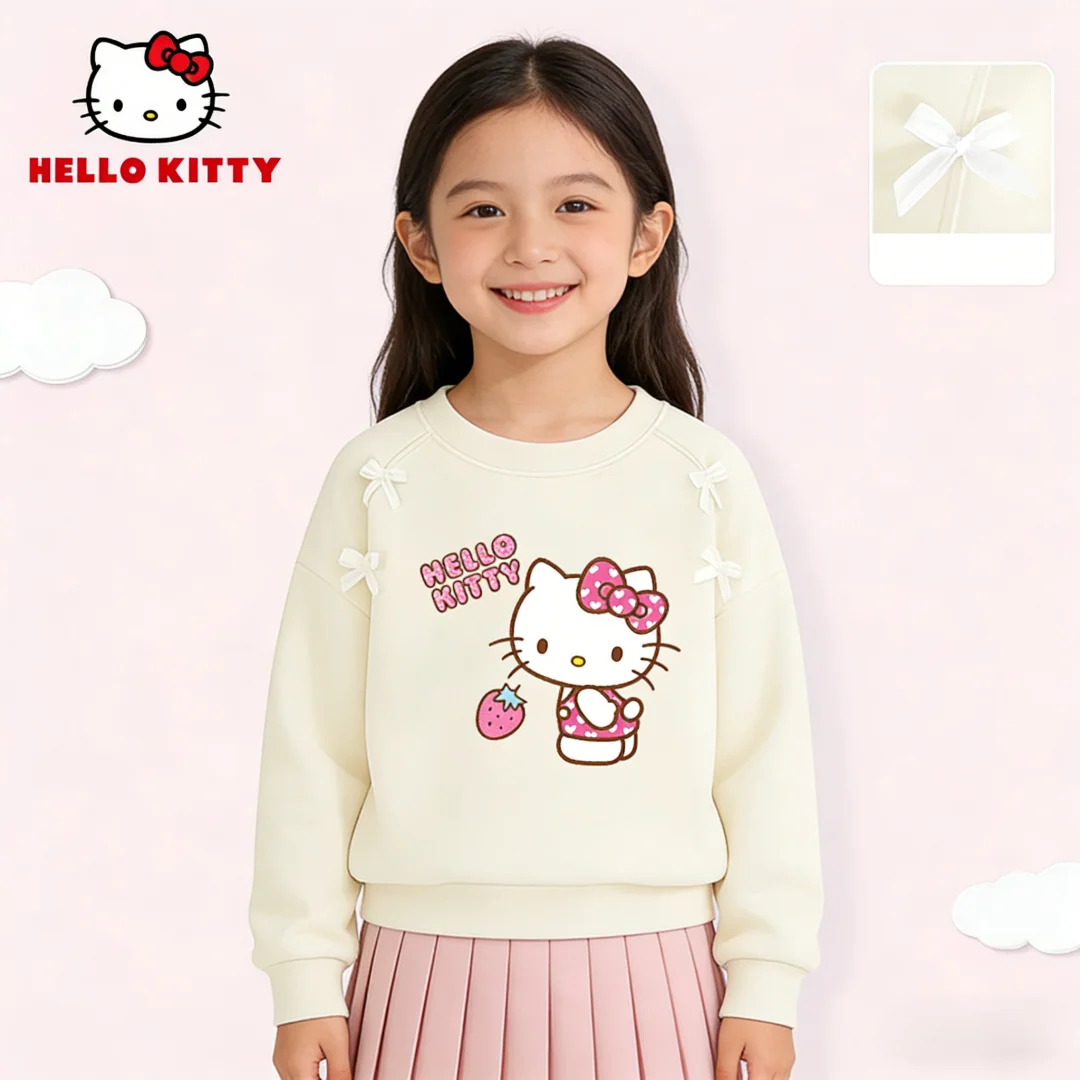 

Детский удобный пуловер с круглым вырезом Hello Kitty, пуловер с украшением в виде банта для девочек, детская дышащая футболка с длинными рукавами
