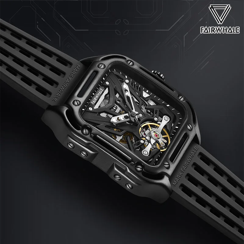 Montre mécanique carrée avec bracelet en silicone pour homme, horloge noire, montres de sport à la mode, modules de haute qualité