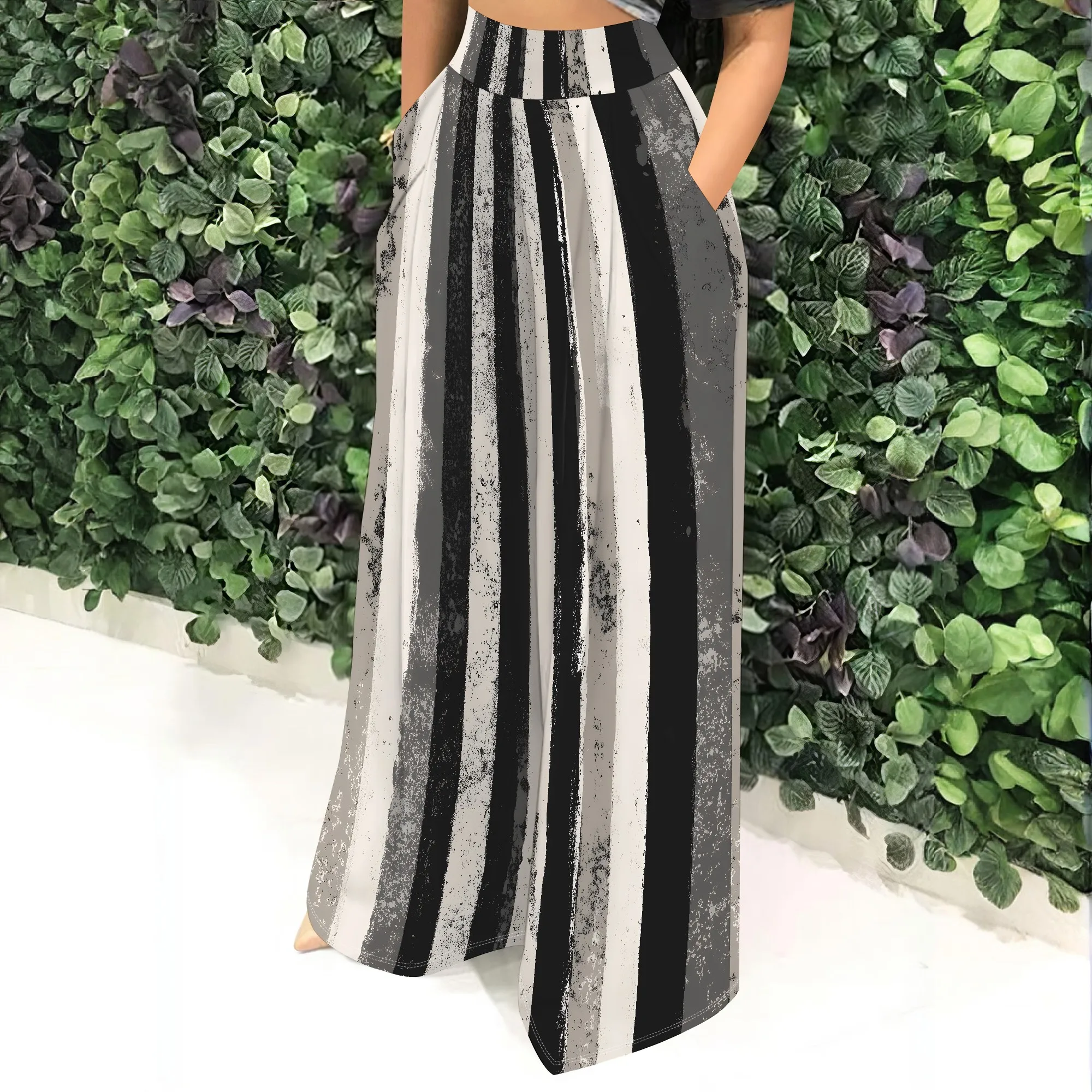 Striped Print High Waist Wide Leg Pants, Casual Trousers with Pockets, Loose Fit Bottoms for Women Daily Wear, S-2XL
