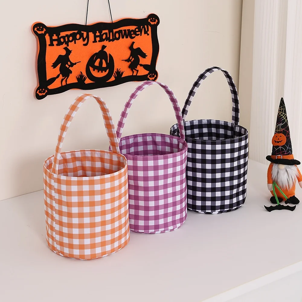 Canvas With Lattic Halloween Basket Canvas Candy Bucket Bag with handle Gingham for Kids Trick or Treat Party Decoration Supplie