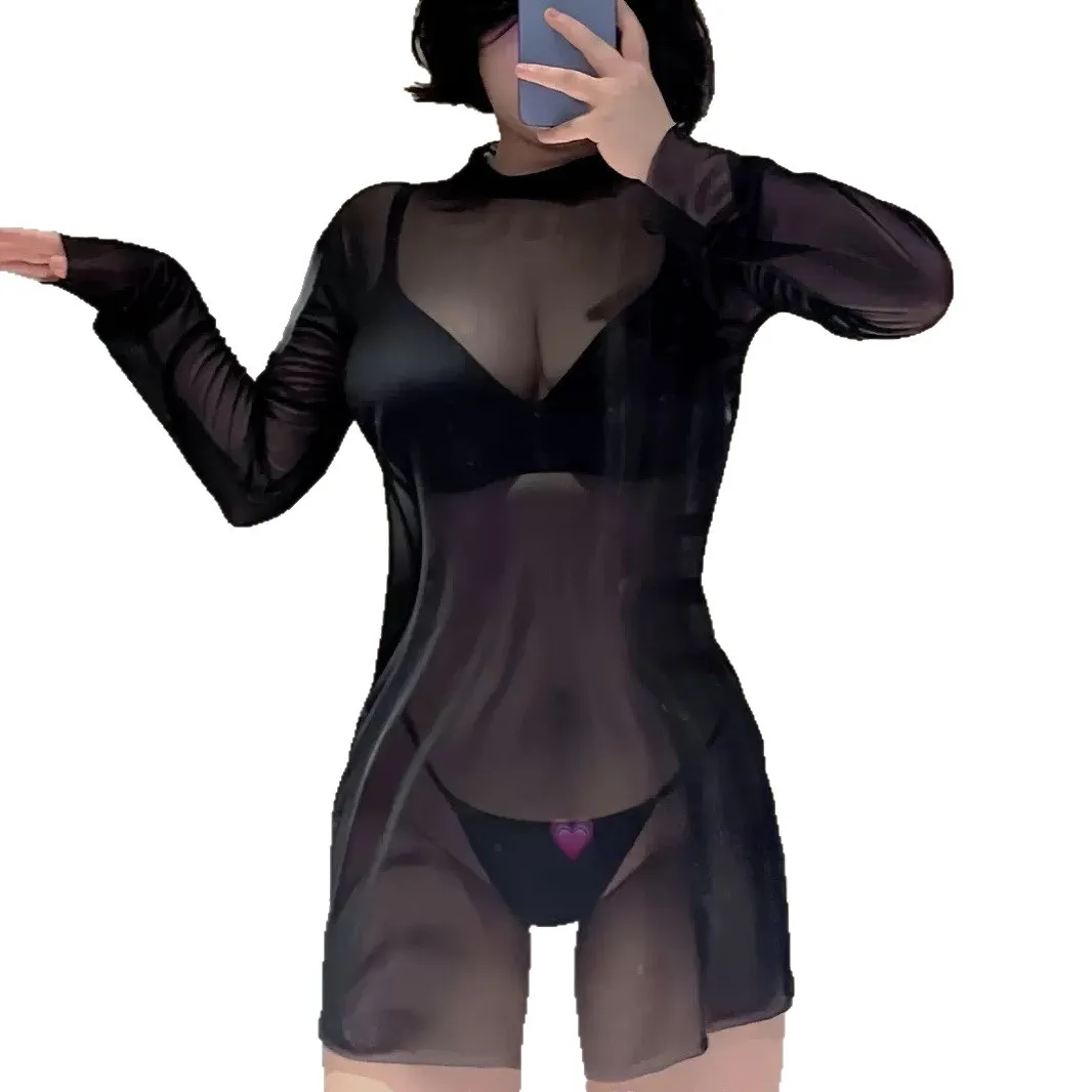 

Plus Size Sexy Lingerie Pure Desire Sleepwear Mesh Long Sleeve Passionate Hot Girl Nightdress Transparent Long Sleeve Dress 3VEW