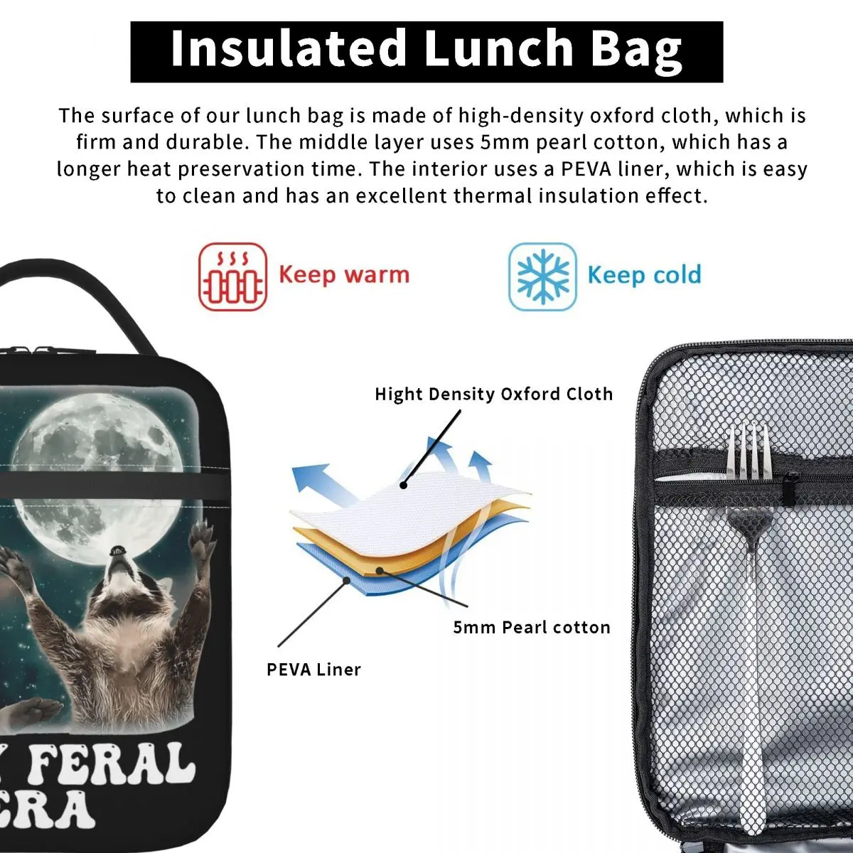 In My Feral Era Racoons-fiambrera térmica portátil, bolsa de almuerzo con aislamiento, aullido en la Luna, bolsa de comida Meme