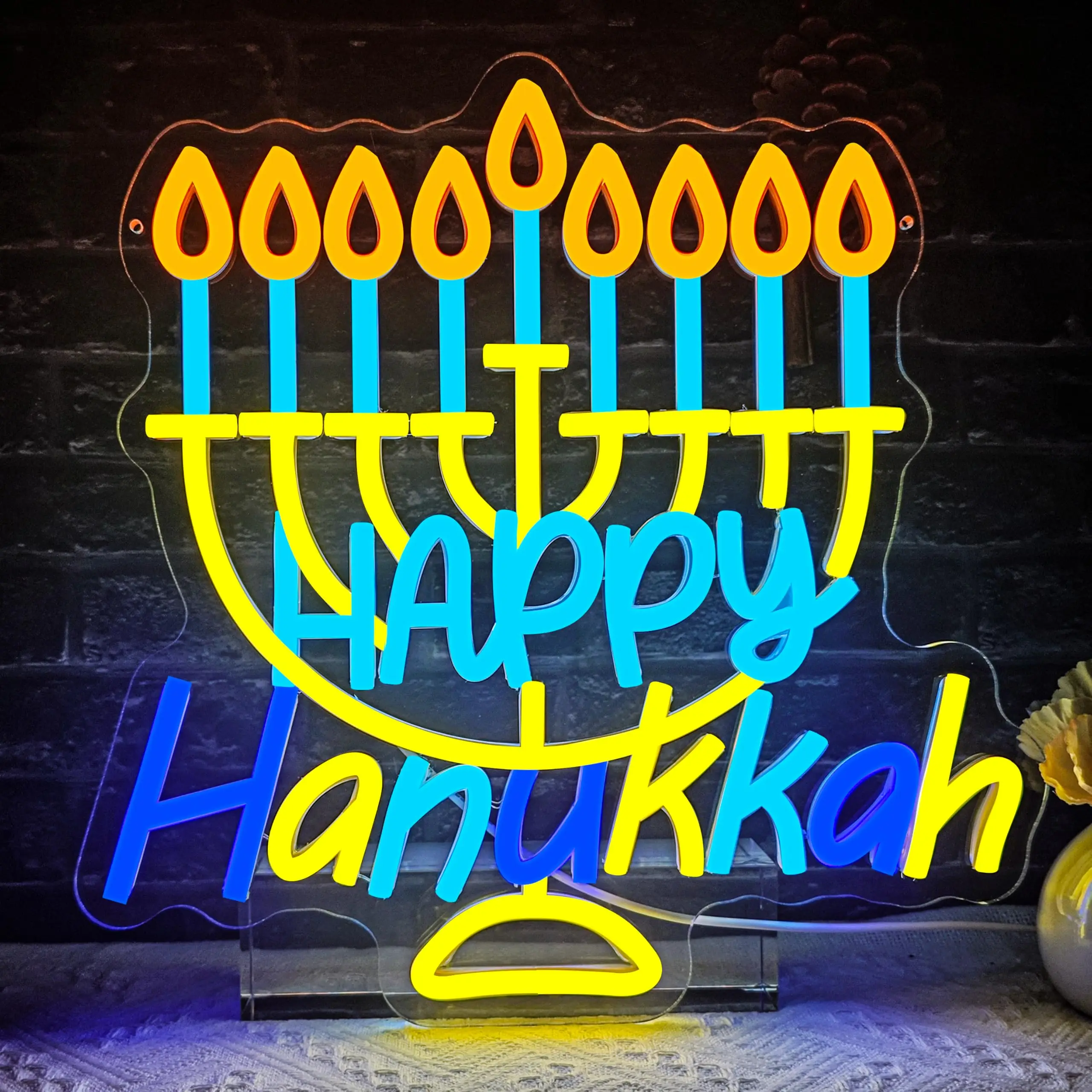 

Неоновая вывеска Happy Hanukkah с регулируемой яркостью, подсвечник Menora, светящаяся вывеска для еврейского праздника, дома, стены, комнаты, спальни, декор