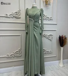 Elegant Teal Chiffon Dubai Muslim Evening Dresses Long Sleeve Crystal Saudi Arabic Hijab Formal Prom Dress Robe De Soiree 2024