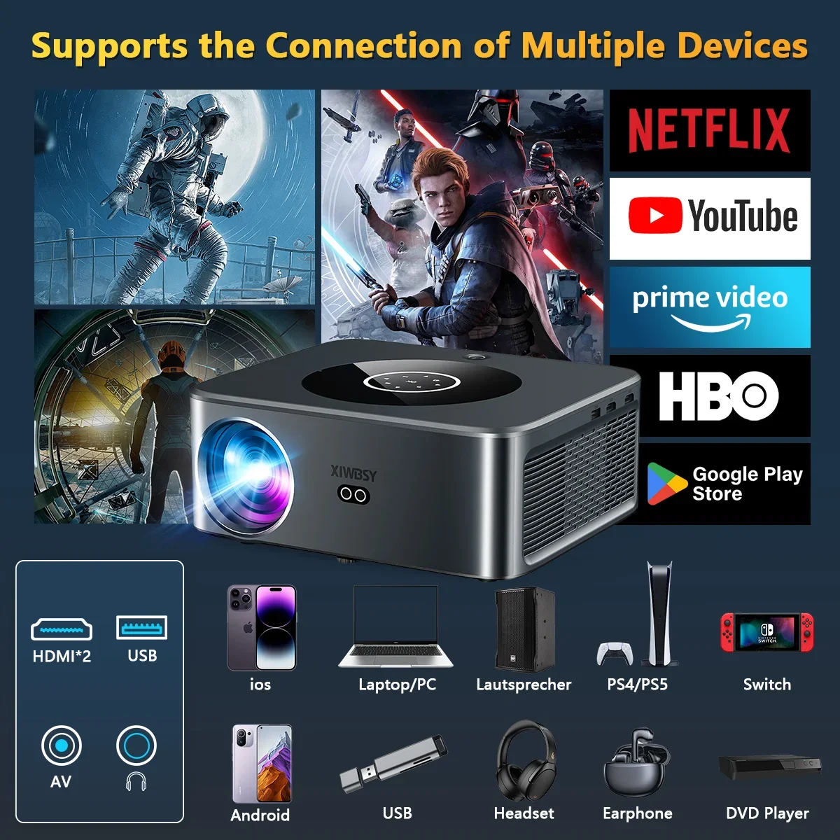 XWBSY 25000Lumens Full HD Projetor Sem Fio Foco Automático/Keystone Android 4K Projetor Vídeo Home Theater Projetor Beamer