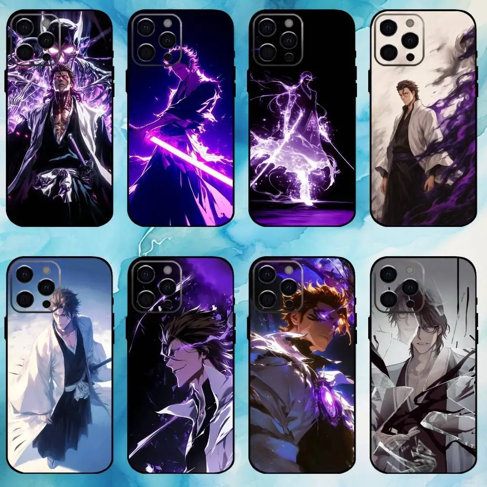 حافظة هاتف B-Bleach Anime Aizen لهاتف iPhone17,16,15,14,13,12,11 Plus، Pro Max غطاء أسود ناعم #1