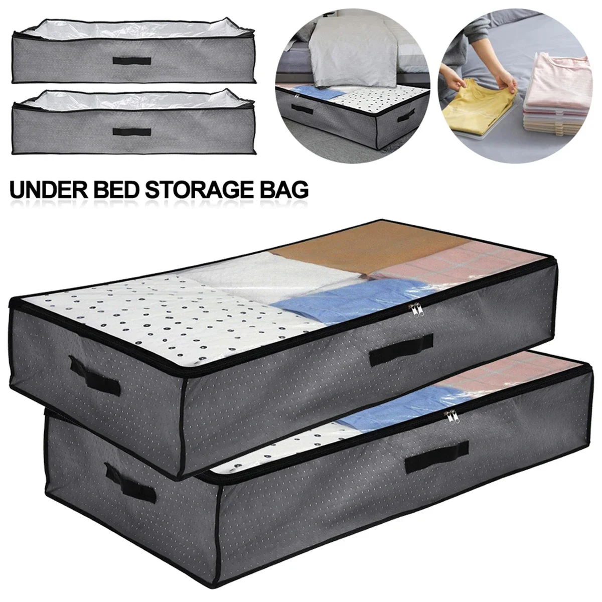 2Pcs Under Bed Storage Containers 100*50*18cm Extra Large Underbed Organizer Non-Woven Fabric Under-bed Storage Bags with Clear