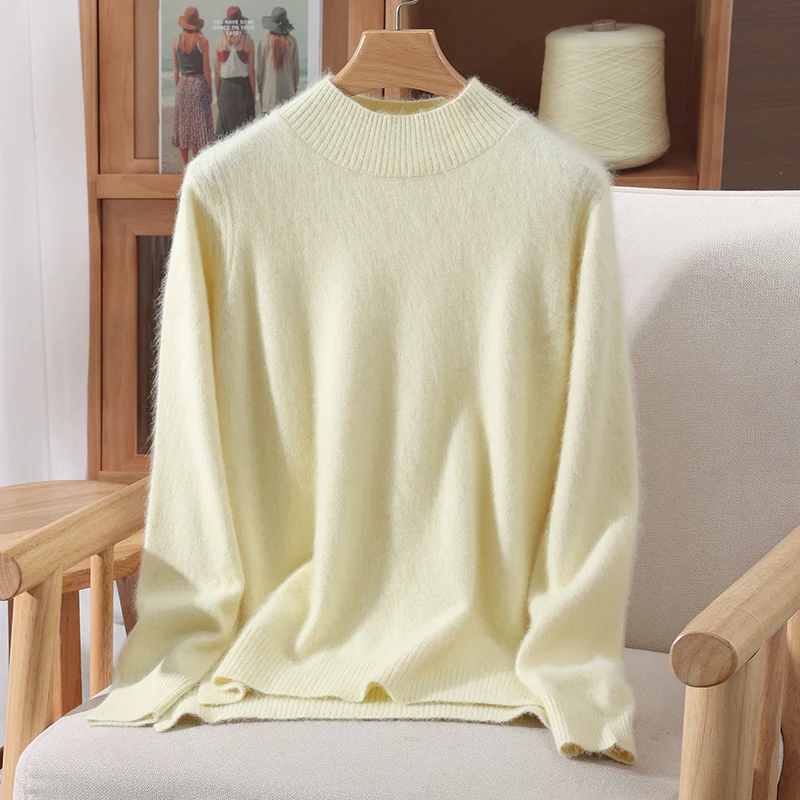 

Women's 100% Mink Cashmere Sweater Mock Neck Pullover Double Side Slits Front Short Back Long Autumn Winter Soft Casual Knitwear