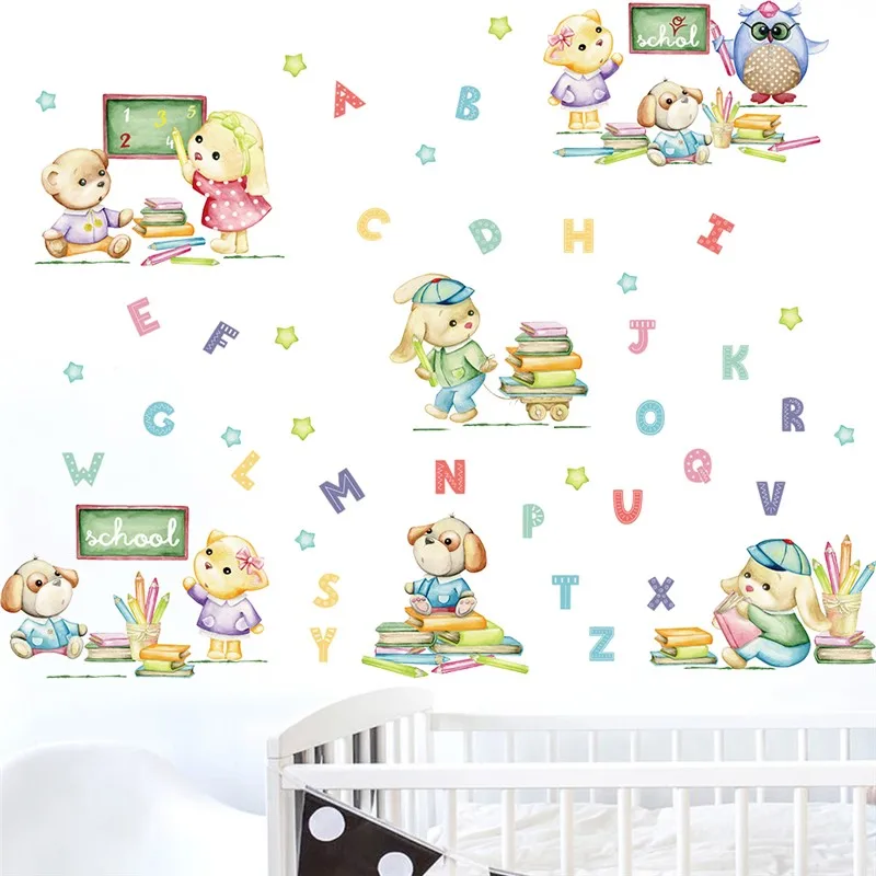 Cartoon Animals Learning English Letters Wall Stickers For Kids Room Home Decoration Pet Mural Art Alphabet Decal Nursery Poster