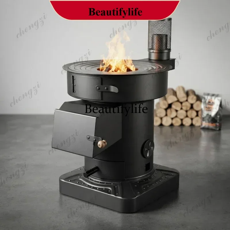 Chimeneas Smokeless Indoor Gasification Stove Firewood Coal Dual Purpose Heater with Big Pot Ring Wheels Rural Winter Home